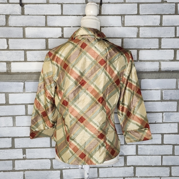 • Selene Sport Women's 3/4 Sleeve Plaid Button Up Blouse Medium Gold Multicolor - Picture 5 of 11
